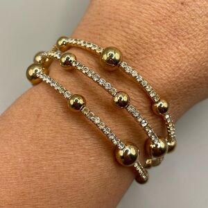 Vintage Gold Tone Rhinestone Beaded Bangle Cuff Statement Bracelet